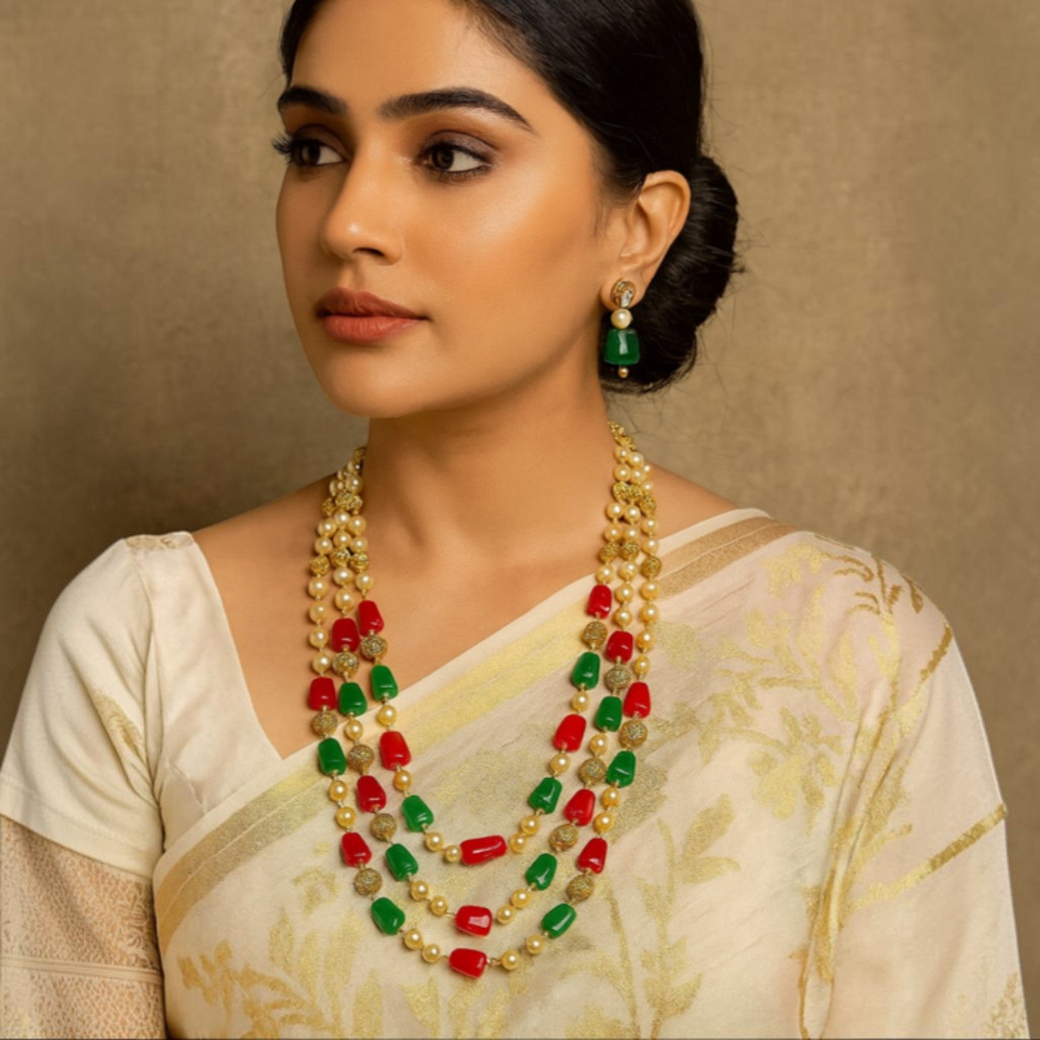 JewelOn antique pearl necklace and earring set with red and green beads. Elegant fusion jewellery.