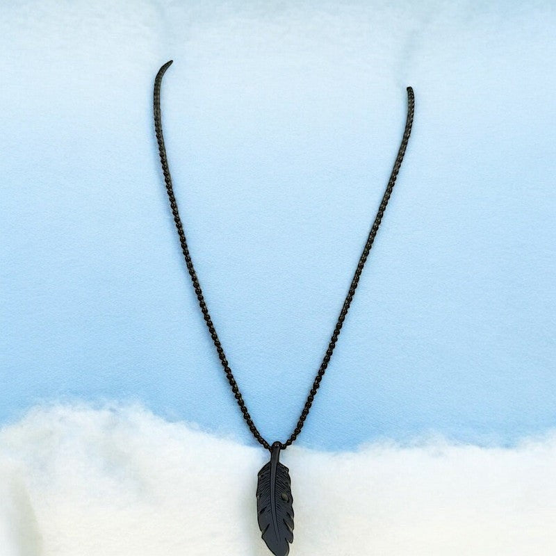JewelOn black feather pendant necklace with beaded chain for men, detailed texture, versatile style.