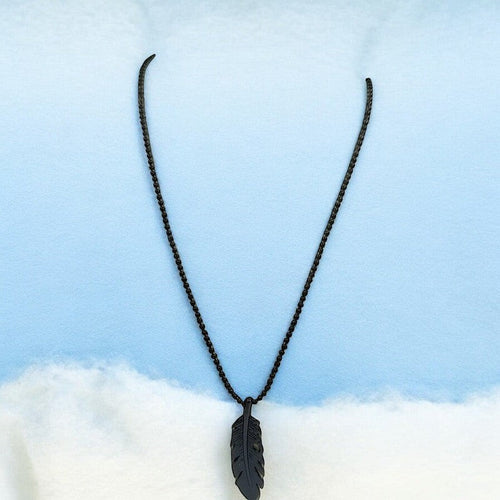 JewelOn black feather pendant necklace with beaded chain for men, detailed texture, versatile style.