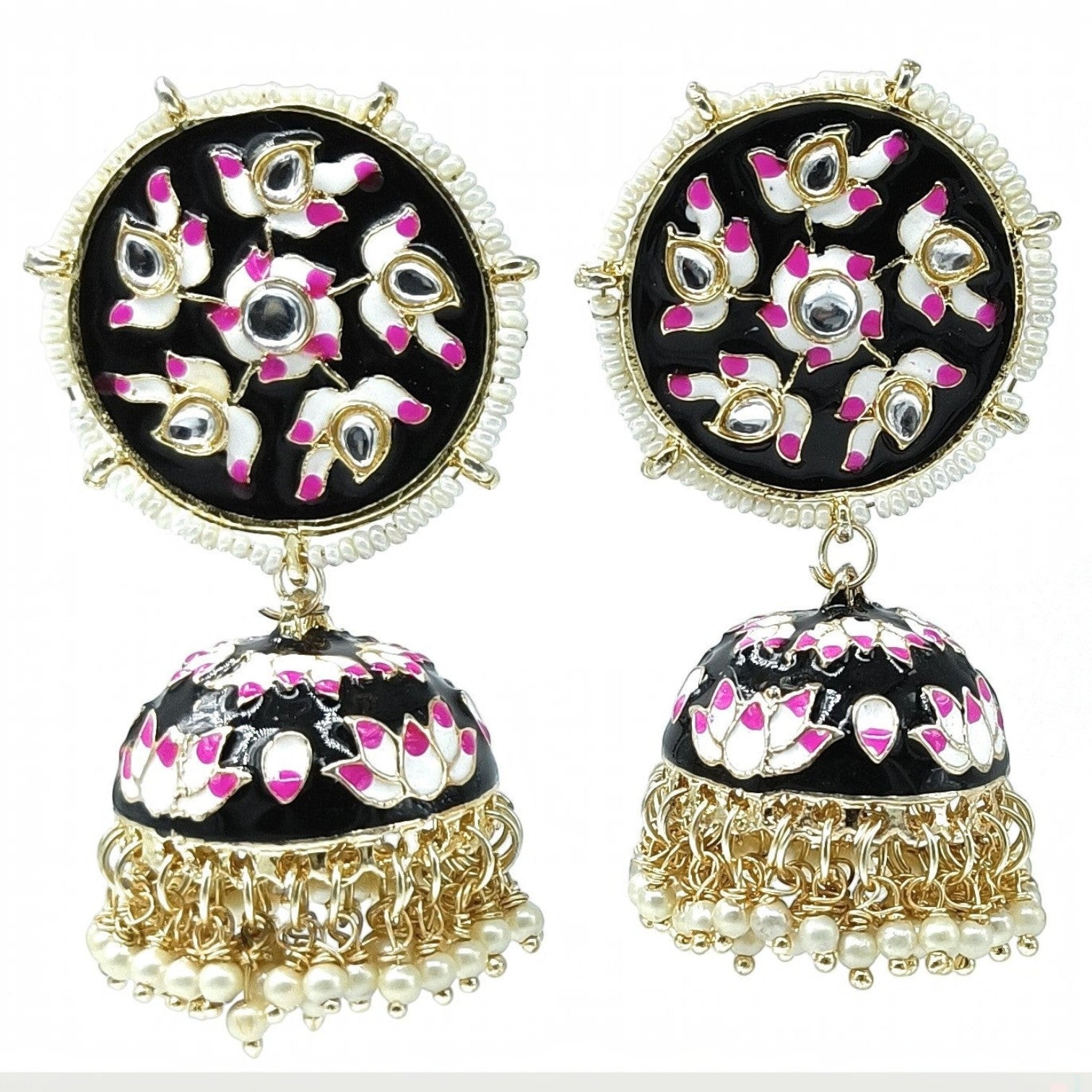 JewelOn black meenakari jhumka earrings with white and pink floral design, pearl accents, and gold chain tassels.