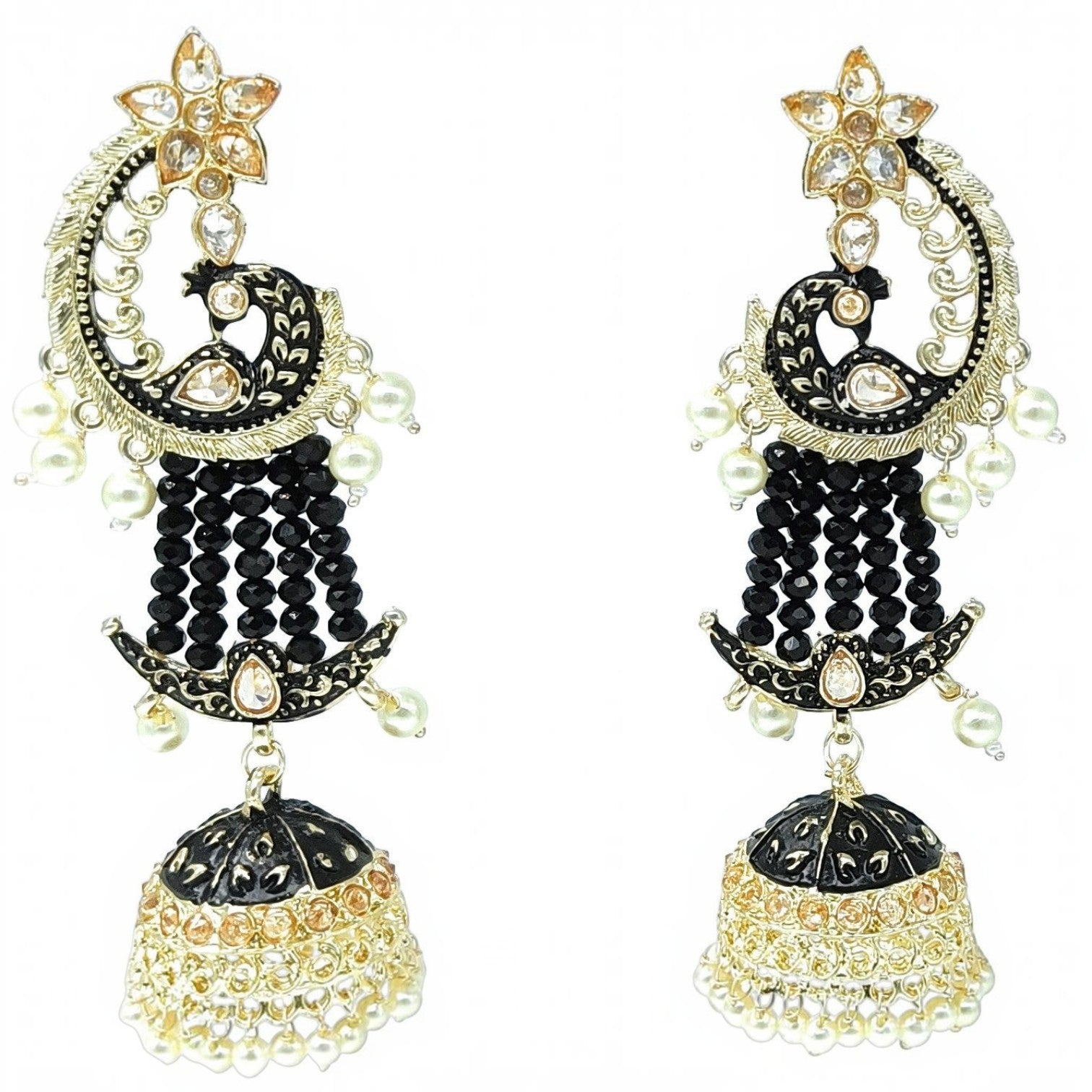 JewelOn black Meenakari peacock earrings with pearl and crystal accents, featuring jhumka drops.