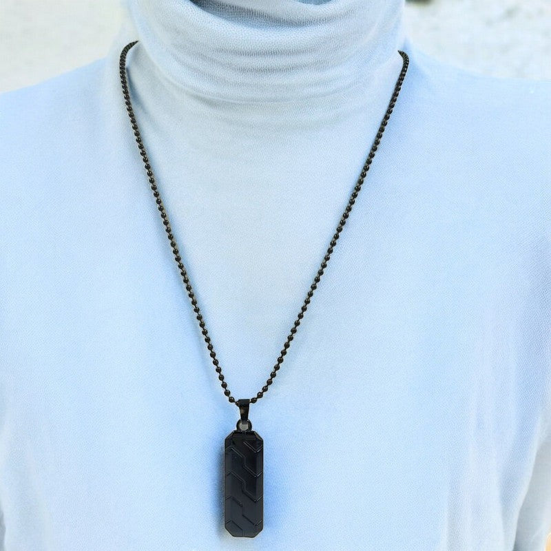 JewelOnblack metal rectangular pendant necklace with geometric pattern on a ball chain.