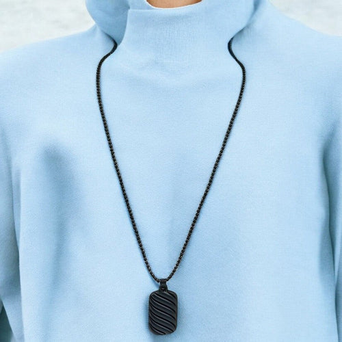 JewelOn black textured rectangular pendant necklace with fine-link chain