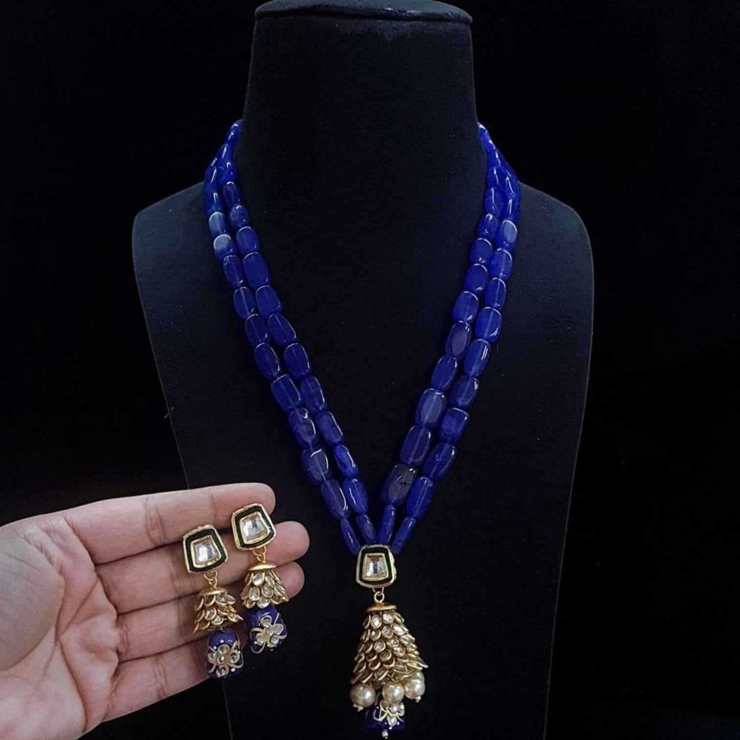 JewelOn blue Monalisa beads long necklace with Kundan pendant and matching earrings. Gold tone.