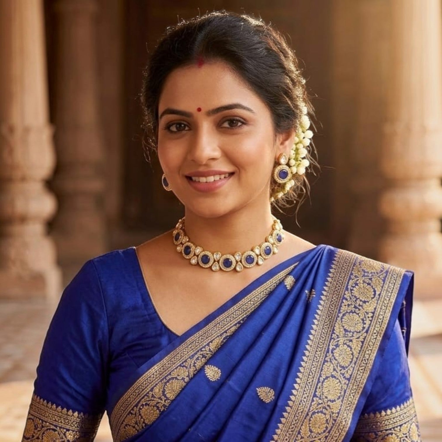 JewelOn blue kundan choker necklace set with matching earrings on a woman wearing a blue saree.