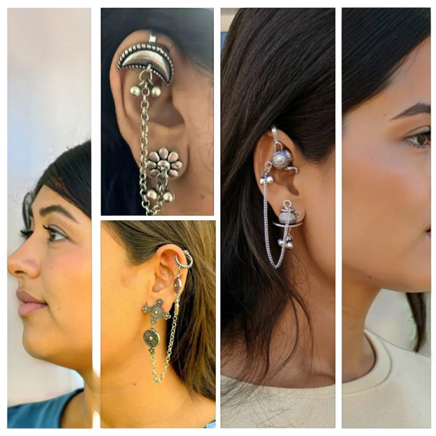 JewelOn polished blend bugadi ear cuff combo of 3, silver-tone metal with chain and charm details.