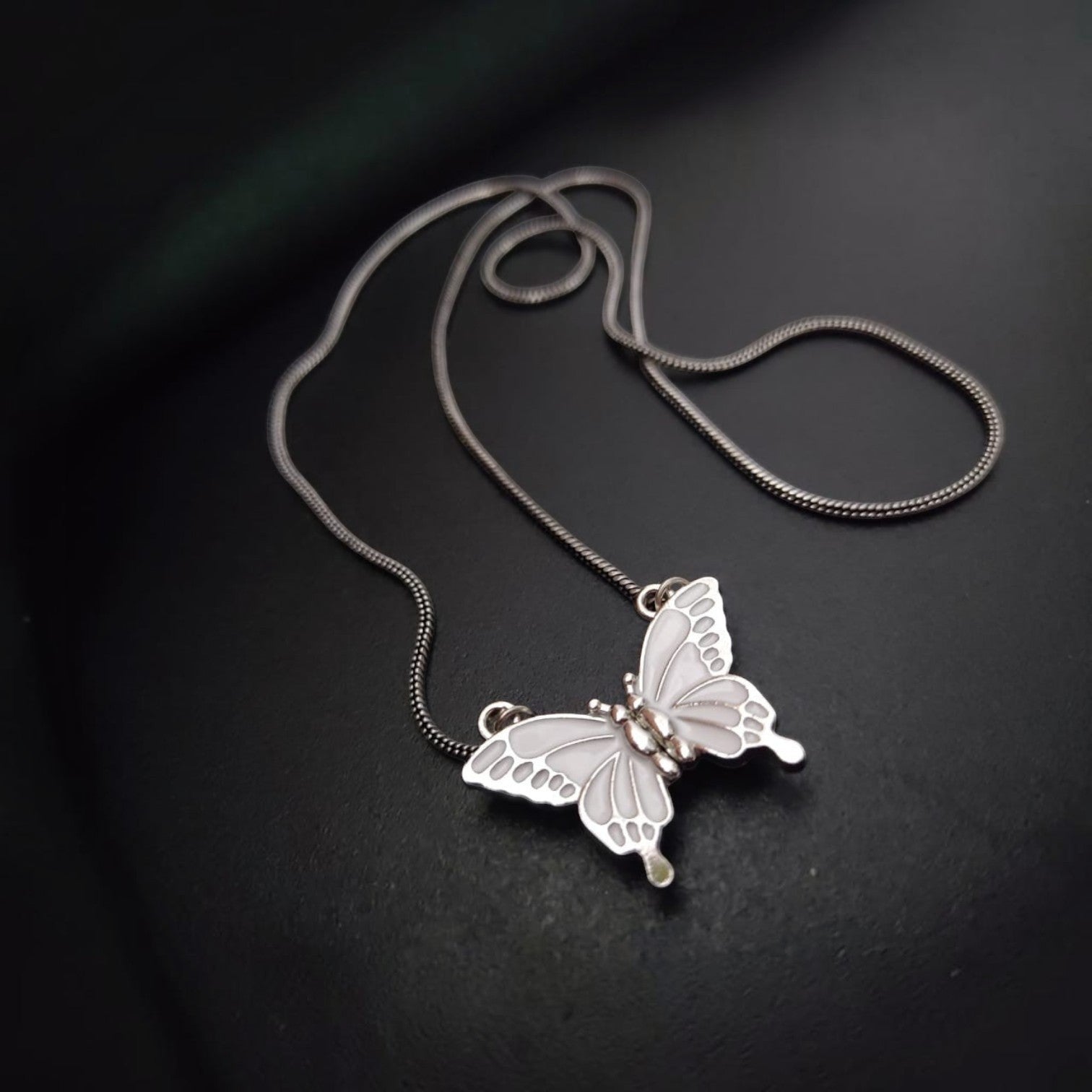 JewelOn white enamel butterfly pendant necklace with silver snake chain, ideal for special occasions.