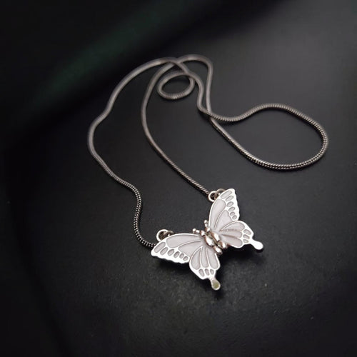 JewelOn white enamel butterfly pendant necklace with silver snake chain, ideal for special occasions.