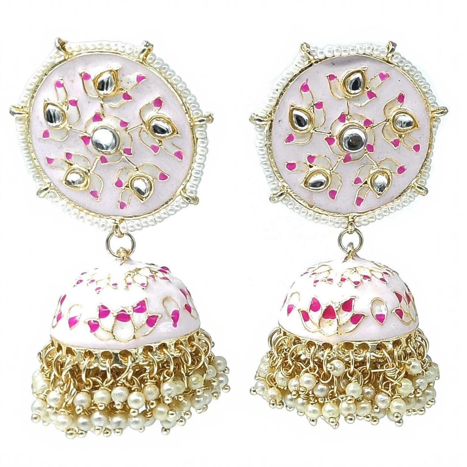 JewelOn cream Meenakari jhumka earrings with pink floral design and pearl accents.