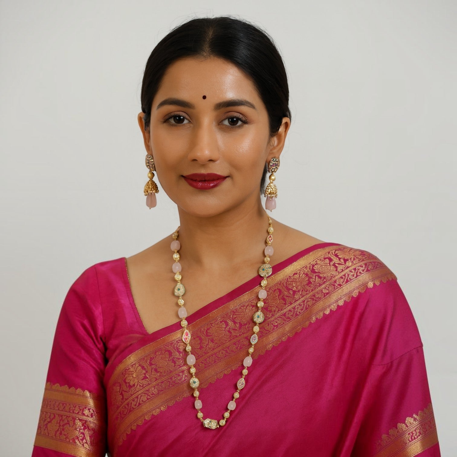 JewelOnFine Elegance premium quality semiprecious stone mala set with matching earrings. Pink stones and gold accents.