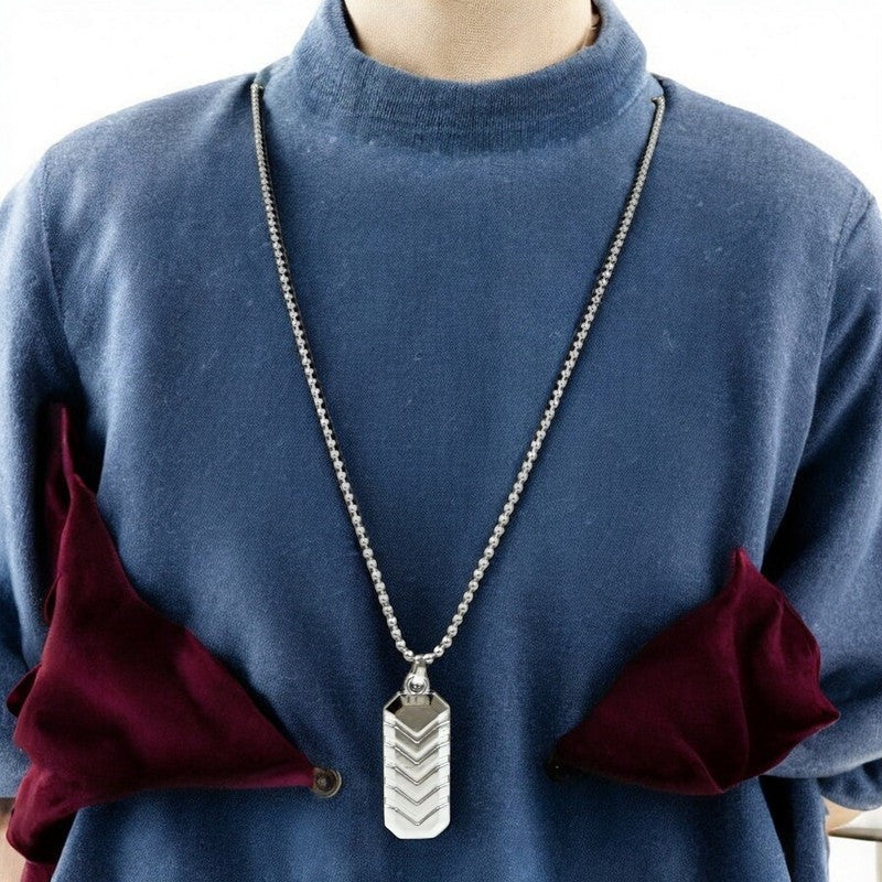 JewelOn silver-tone rectangular pendant necklace with chevron design and ball chain