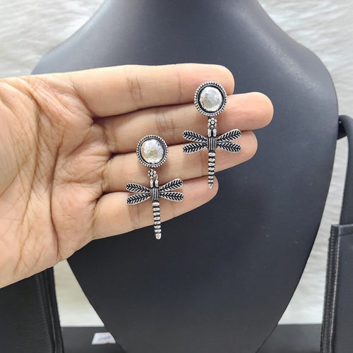 JewelOn Adorable German Silver oxidized dragonfly earrings with textured round tops.