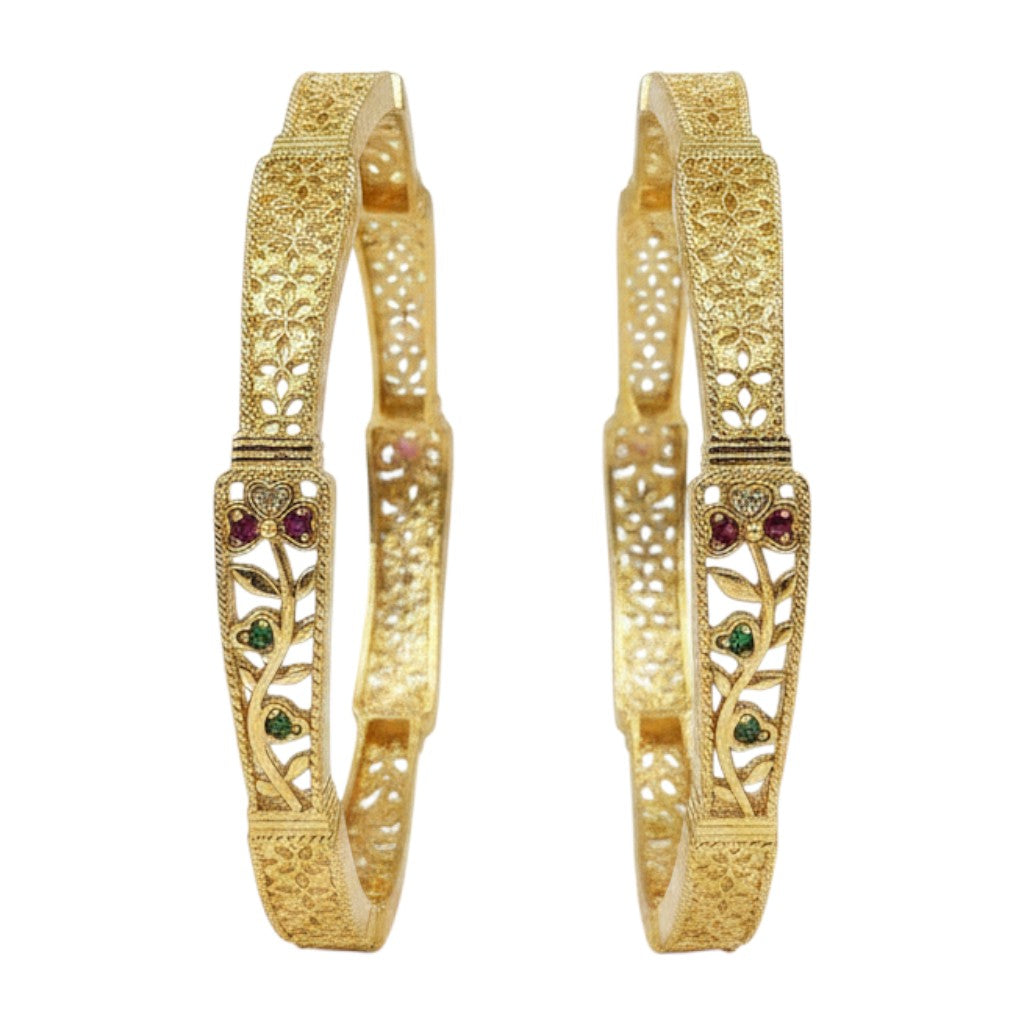 JewelOn Kalinda gold plated artificial bangles set for women, featuring intricate floral cutwork and colorful gemstone accents.