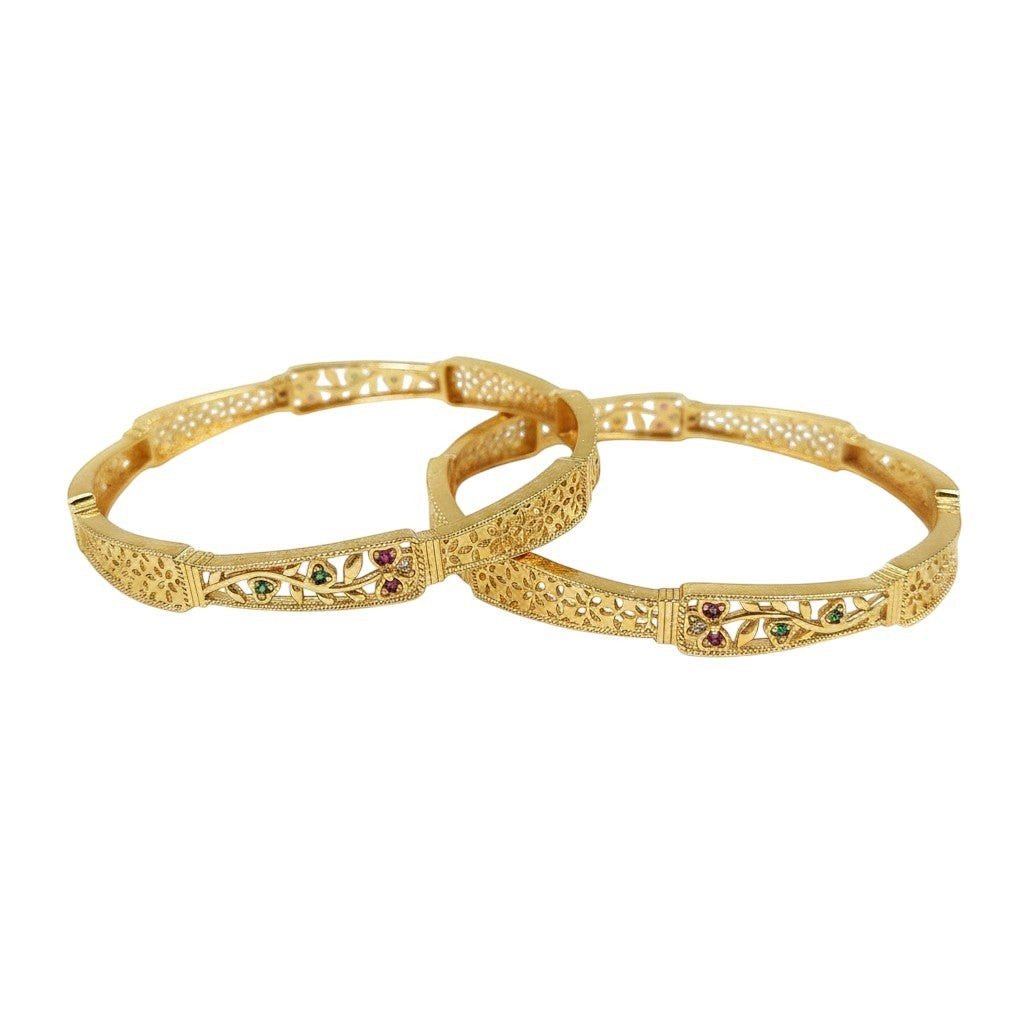 JewelOn gold plated artificial bangles set with intricate floral cutwork and colorful gemstone accents.