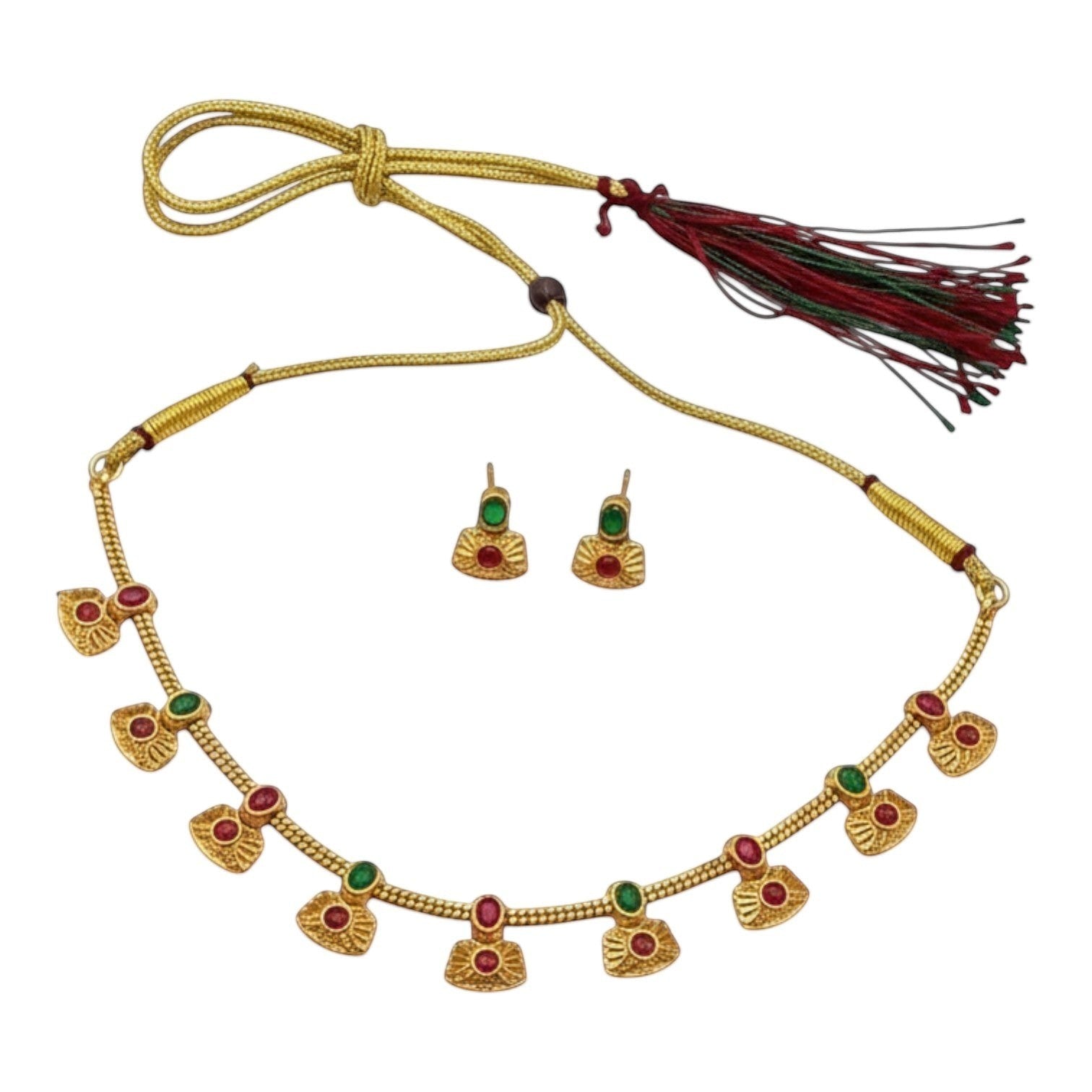 JewelOnGold plated necklace and earring set with red and green stones, tassel closure. Traditional Indian jewelry.