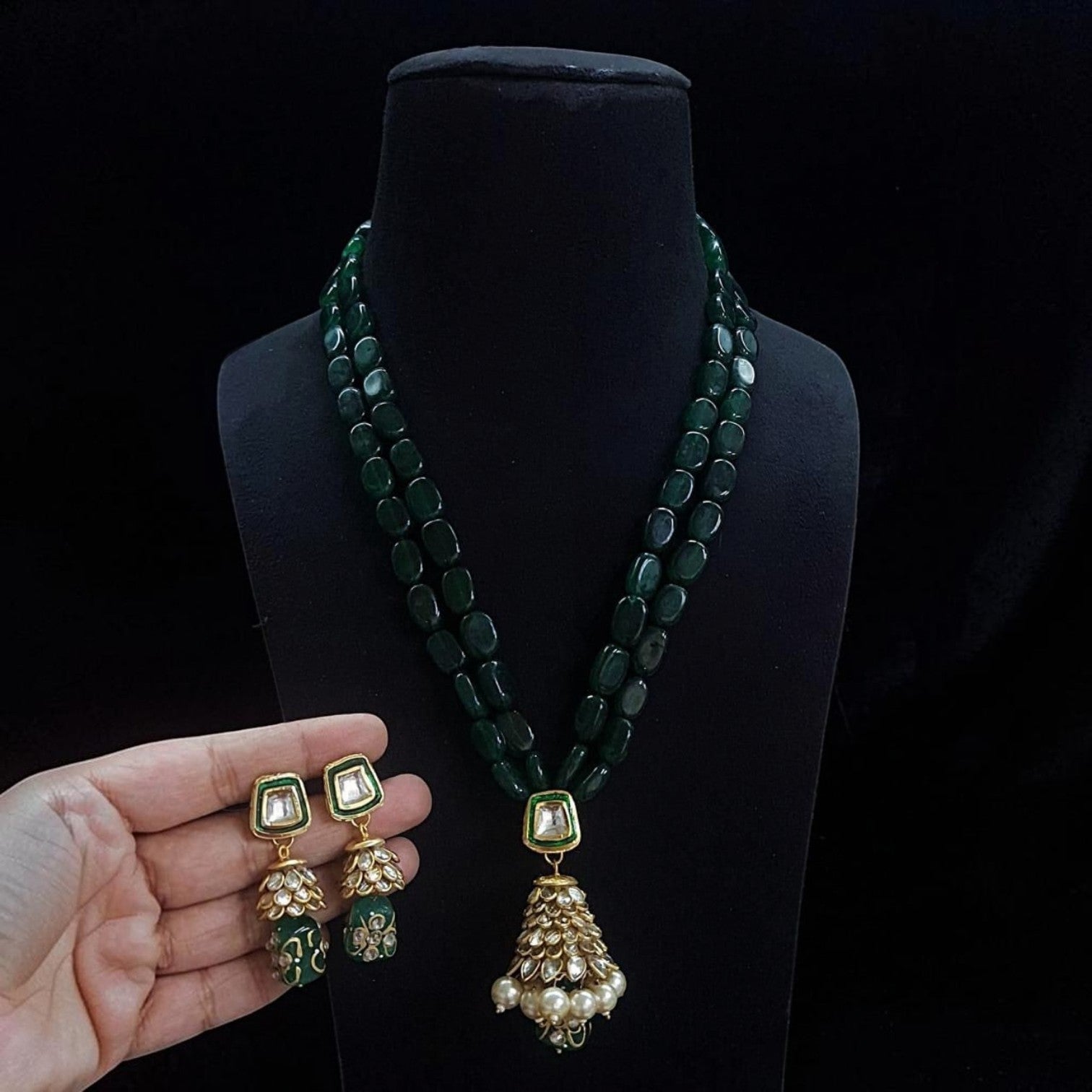 JewelOn green Monalisa beads long necklace with Kundan pendant and matching earrings, featuring pearls.