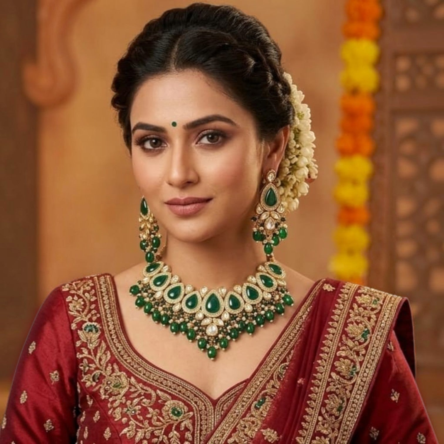 JewelOn green Kundan choker necklace and teardrop earrings set with gold accents and pearl details on a woman wearing a maroon embroidered outfit.