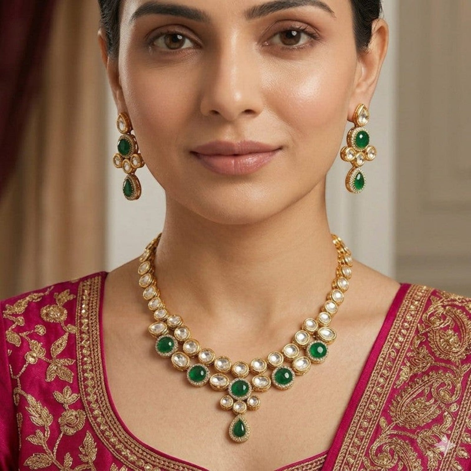 JewelOn green Kundan choker necklace and drop earrings set with gold-tone metal and clear stones.