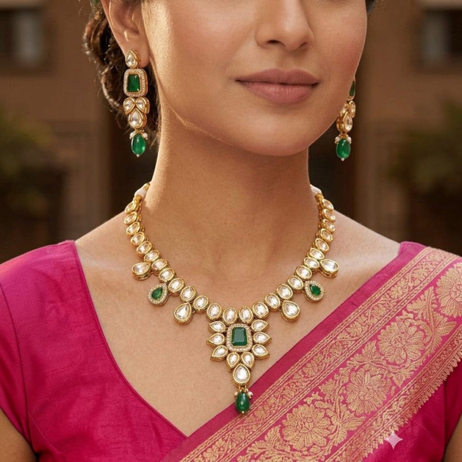 JewelOn gold-plated choker necklace with green kundan stones and matching drop earrings. Festive Indian jewellery.
