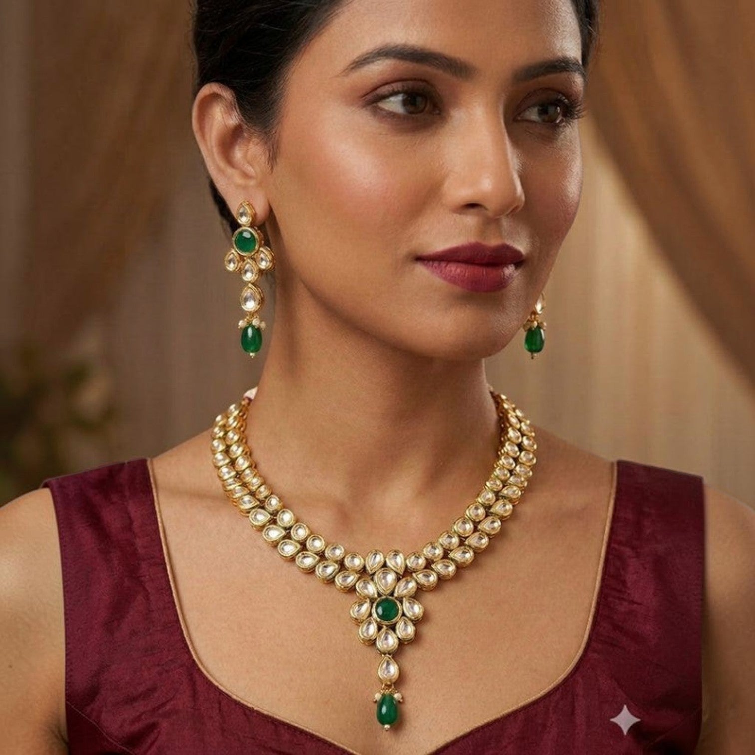 JewelOn green kundan choker necklace and earrings set with gold-tone metal and clear stones. Festive.