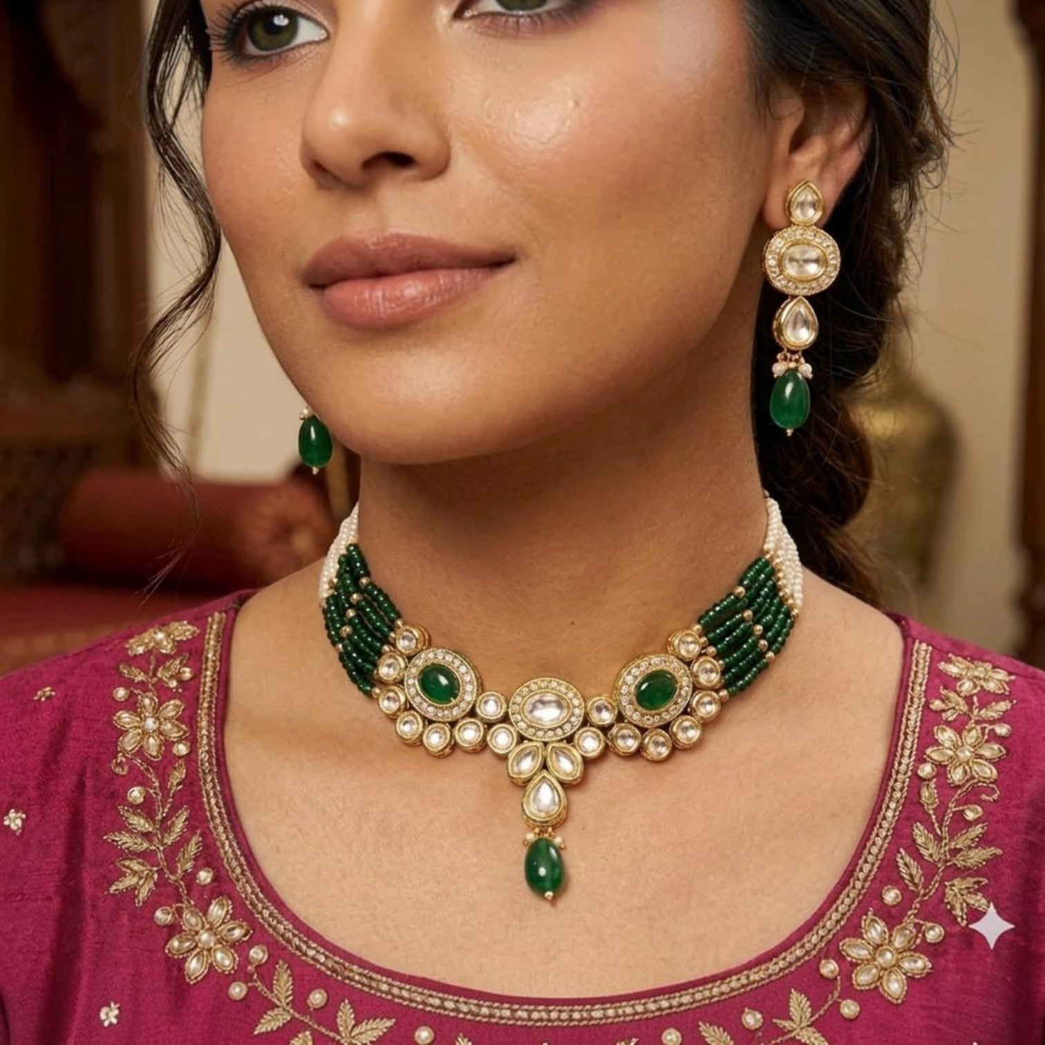 JewelOn green Kundan choker necklace and earrings set with pearl accents and gold-tone metal.