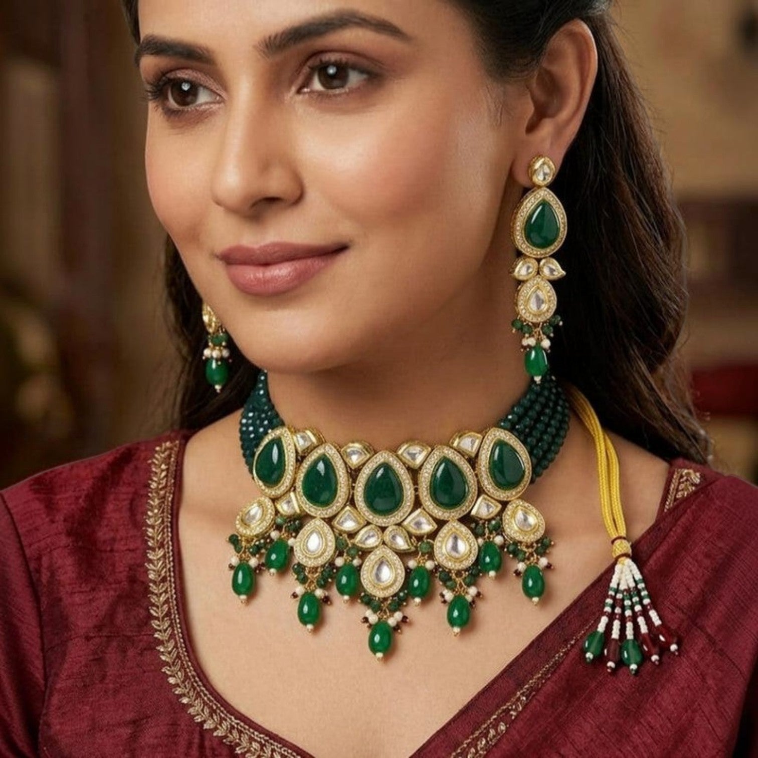 JewelOn green kundan choker necklace and earrings set with teardrop emeralds and gold accents. Traditional Indian jewellery.