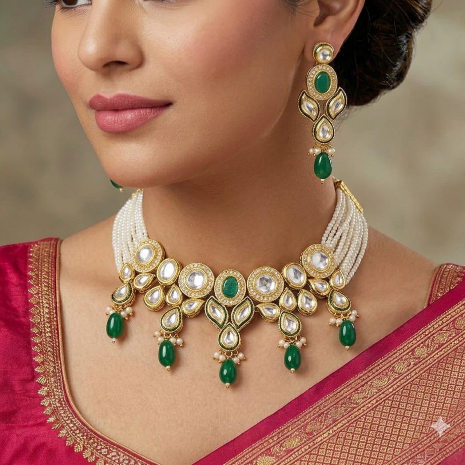 JewelOn green kundan choker necklace with white pearls and matching earrings, adorned with emerald green stones.