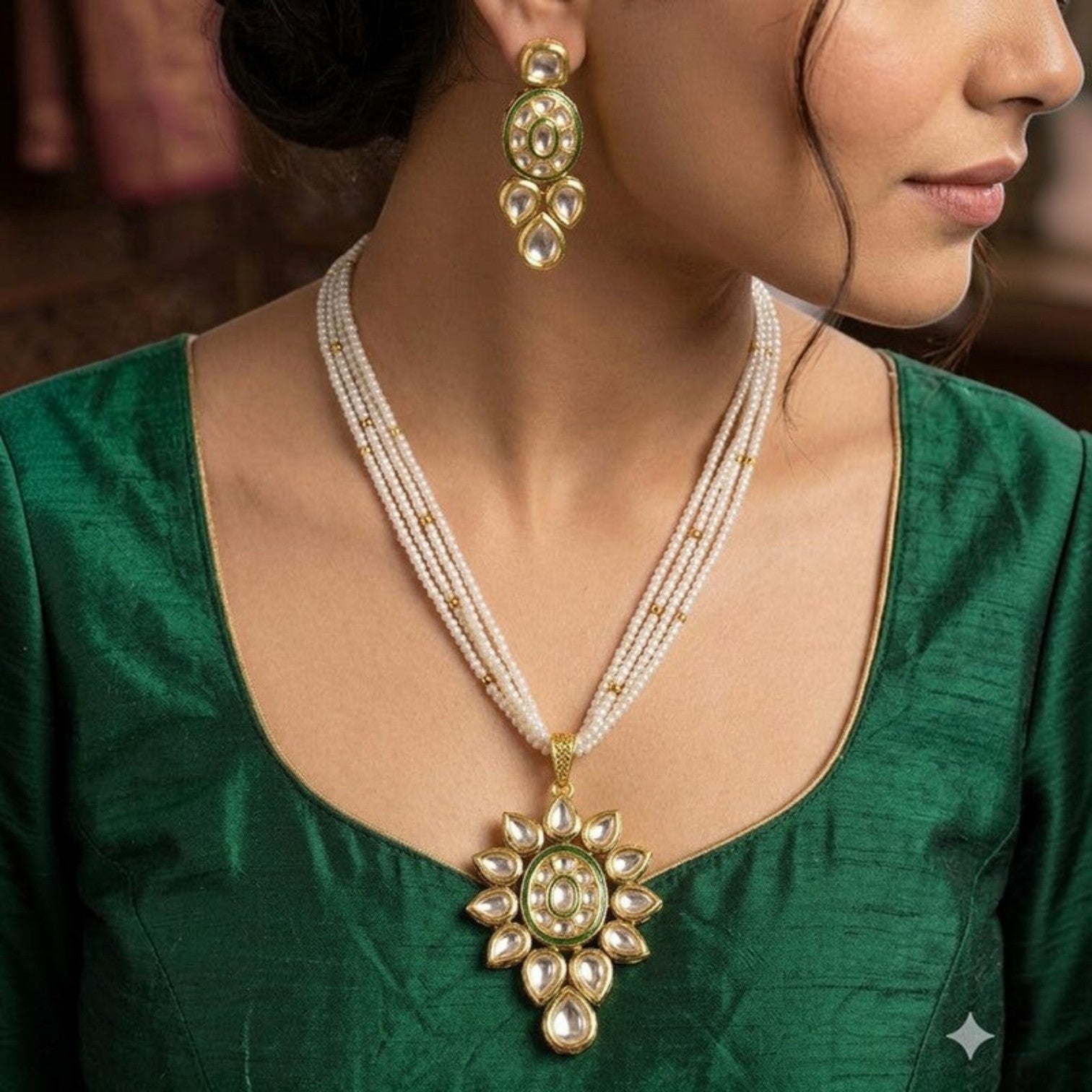 JewelOn green kundan pendant necklace set with pearl beads and matching teardrop earrings.