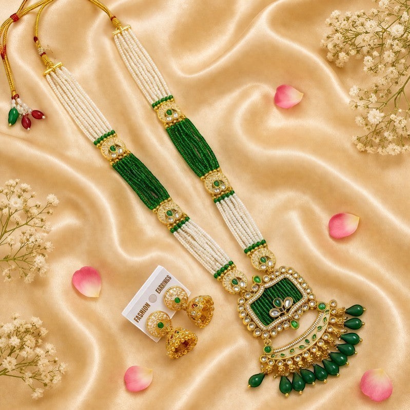 JewelOn gold-plated long necklace and jhumka earrings set with intricate green meena work and pearl beads.