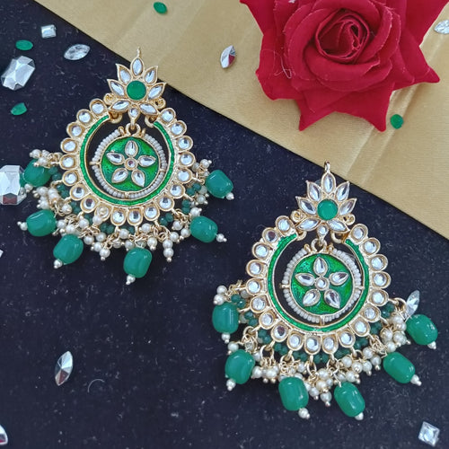 JewelOn green meenakari earrings with gold accents, white stones, and pearl details. Dangle earrings with green beads.