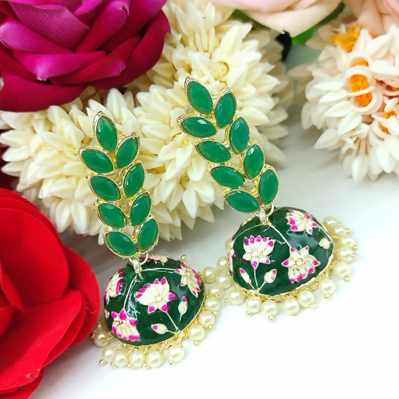 JewelOn green Meenakari jhumka earrings with floral design and pearl drops. Gold-tone metal with green gemstone accents.