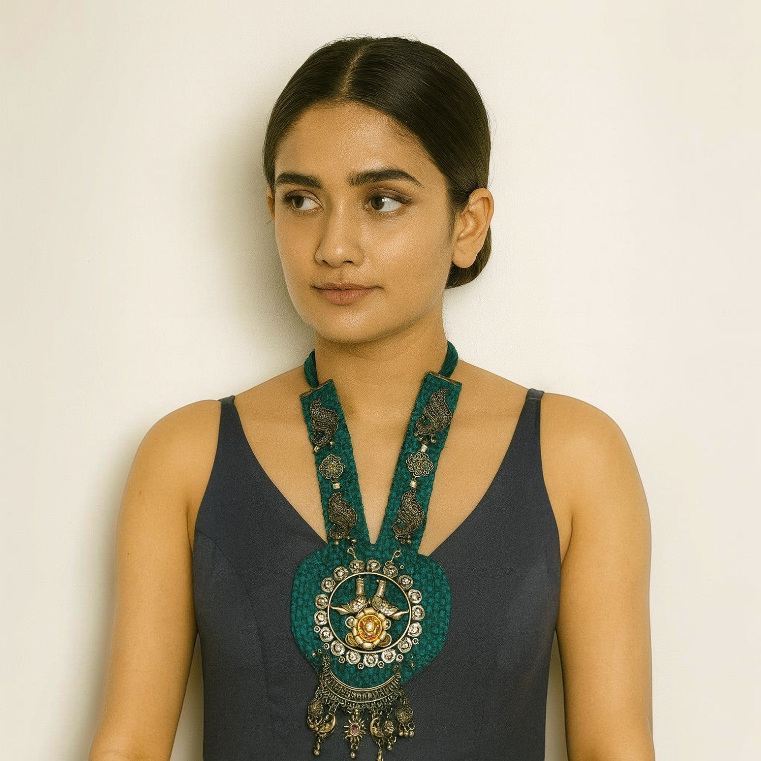 JewelOn Esha Classy Green Handmade Navratri oxidised fabric fusion jewellery with silver polish finish and American Diamonds.