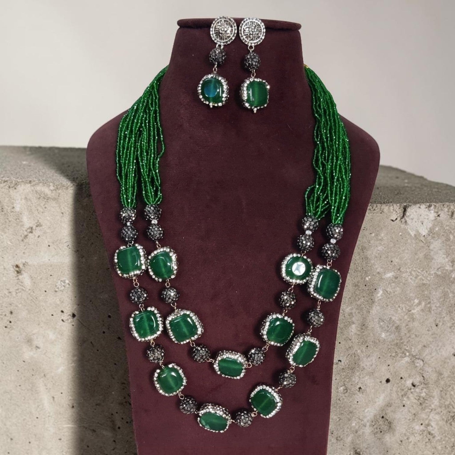 JewelOn green semiprecious stone necklace and earrings set with gold-plated finish, perfect for festive occasions.