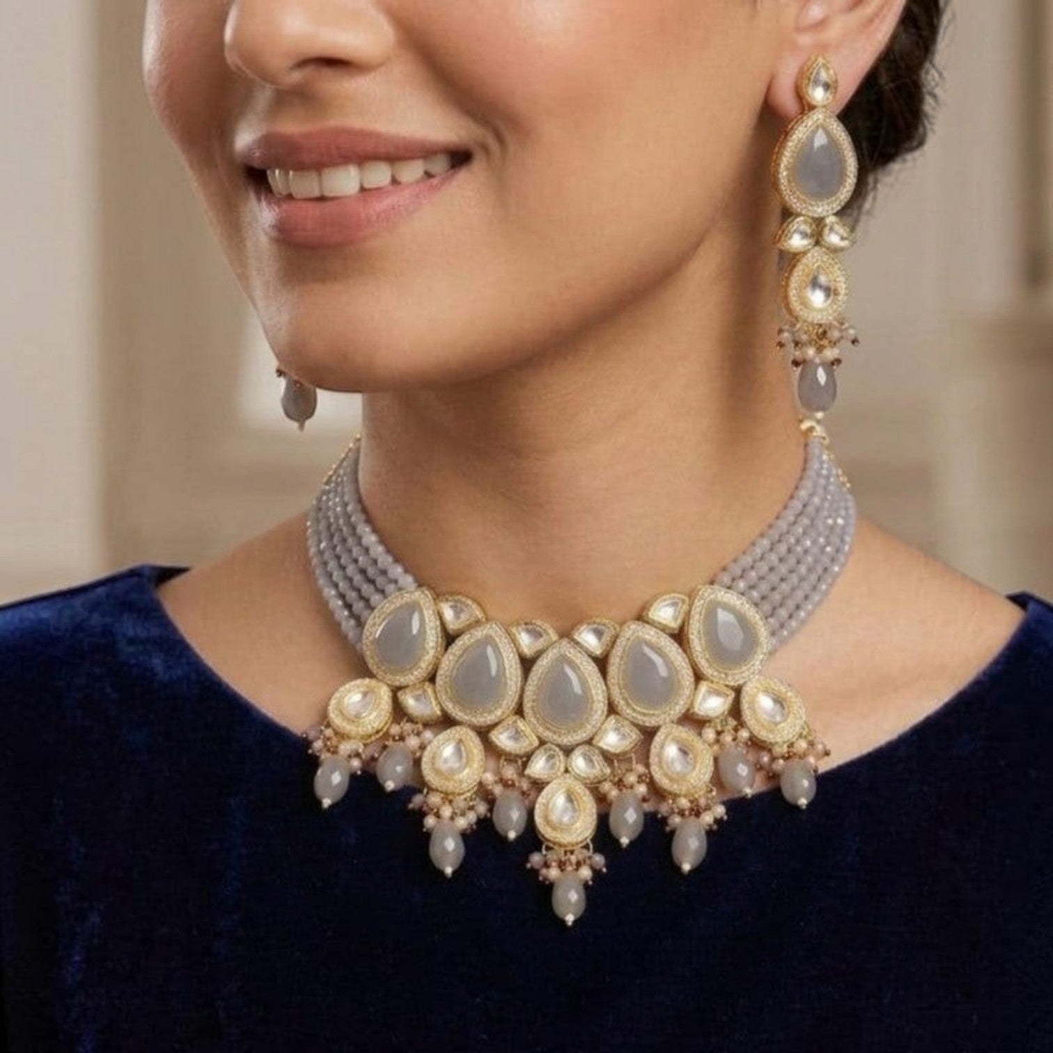 JewelOn grey Kundan choker necklace and drop earrings set with teardrop grey stones and gold accents.