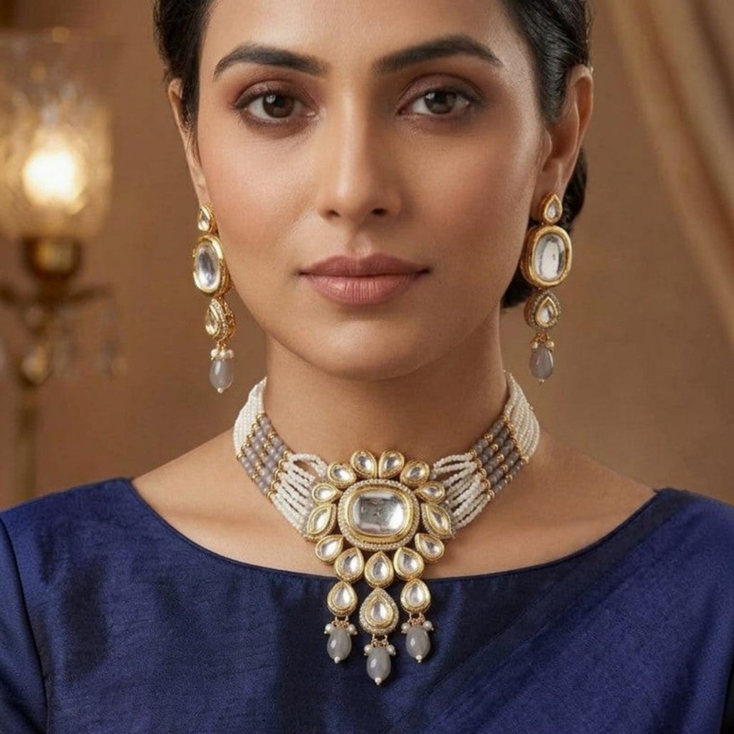 JewelOn Imperial Maharani Collection grey Kundan choker necklace and earrings set with white pearls and gold accents.