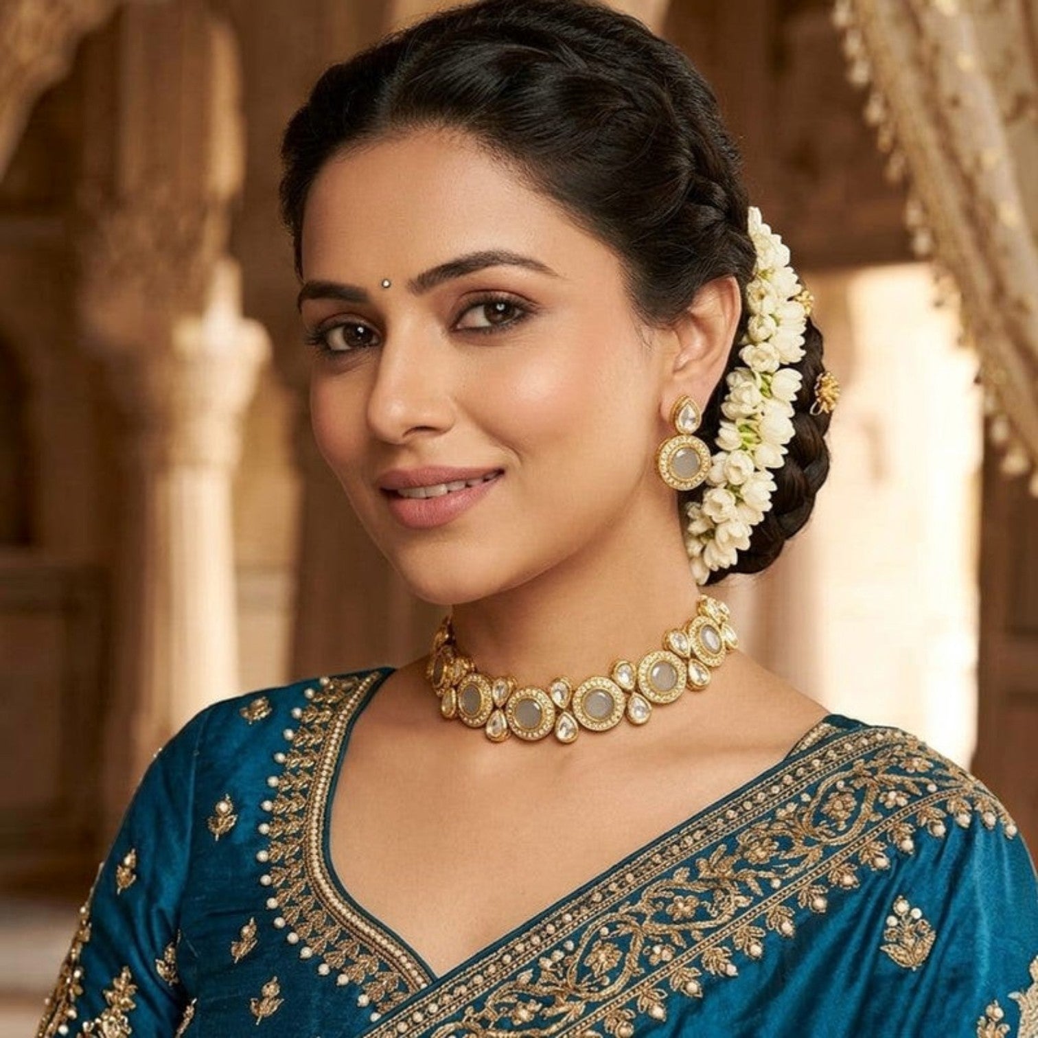 JewelOn grey kundan choker necklace set with matching earrings, adorned with grey stones and gold accents.