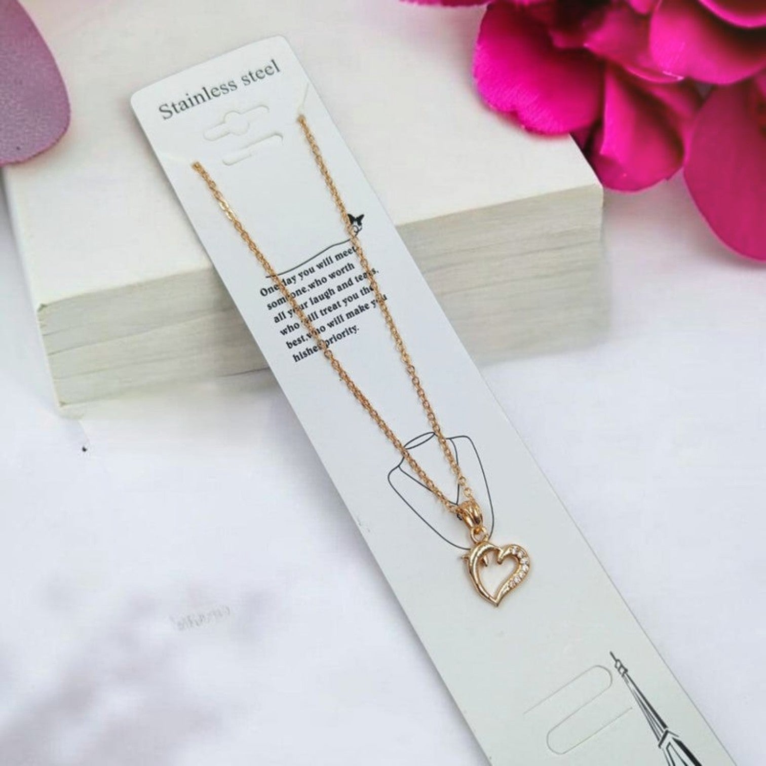 JewelOn Fashion Jewellery Store Online gold-tone heart pendant necklace with clear crystals on a delicate chain.