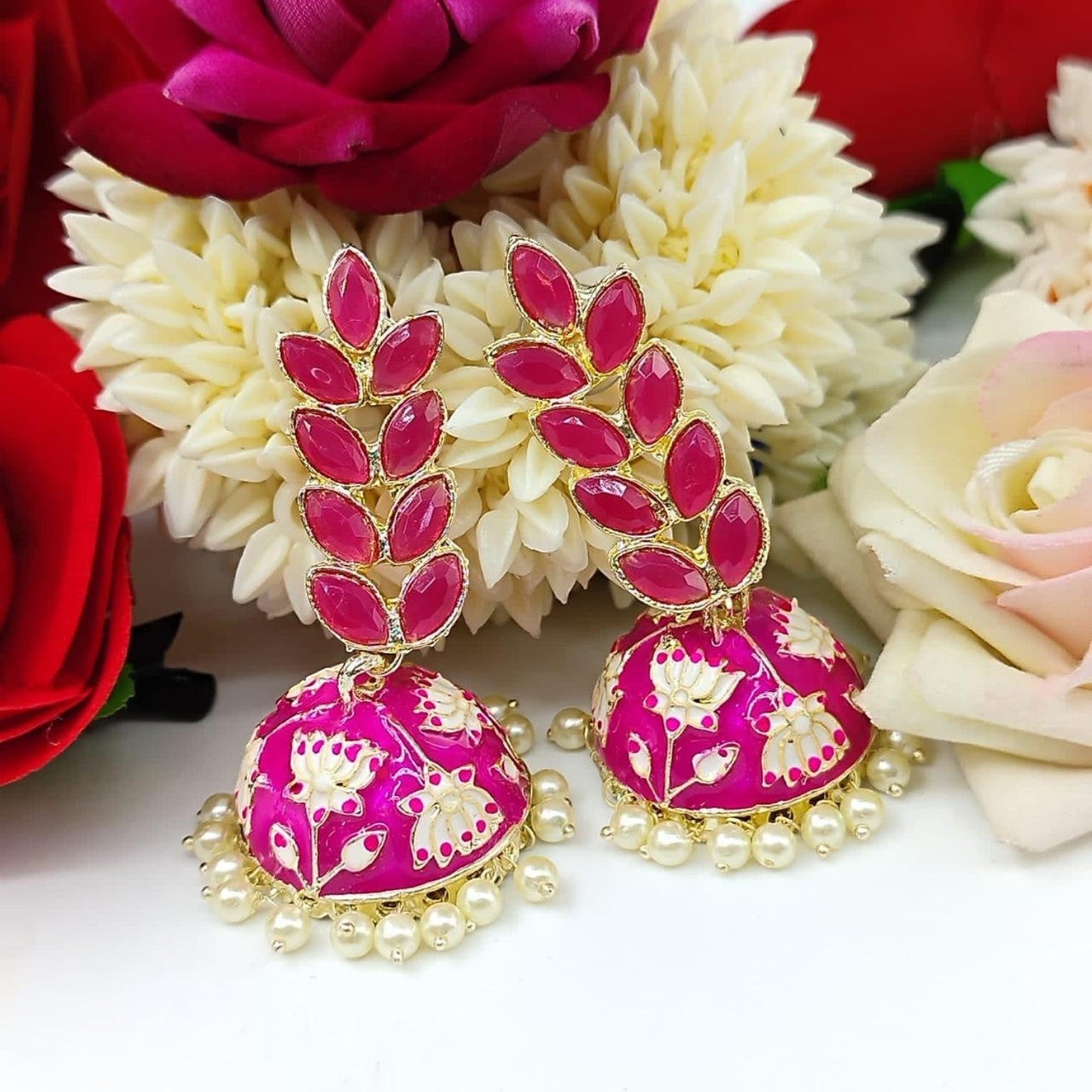 JewelOn Kashvi Collection Meenakari Jhumka earrings with pink stones and pearl drops, featuring floral enamel.