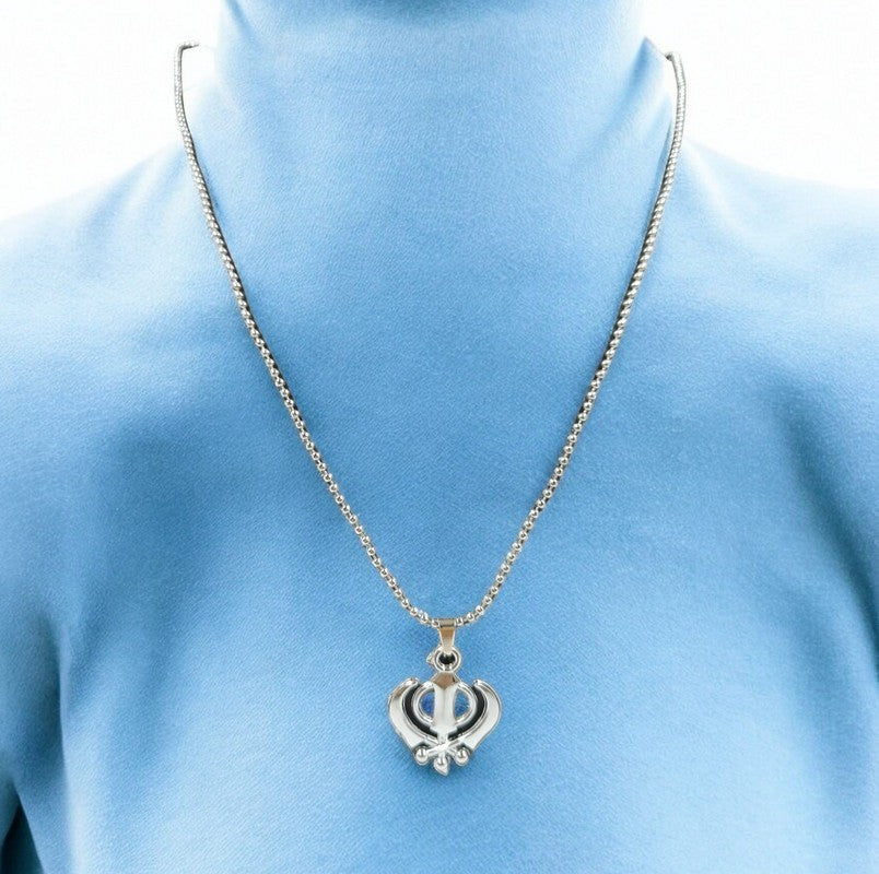 JewelOn silver-tone Khanda pendant necklace with chain, symbolizing Sikhism. Polished metal.