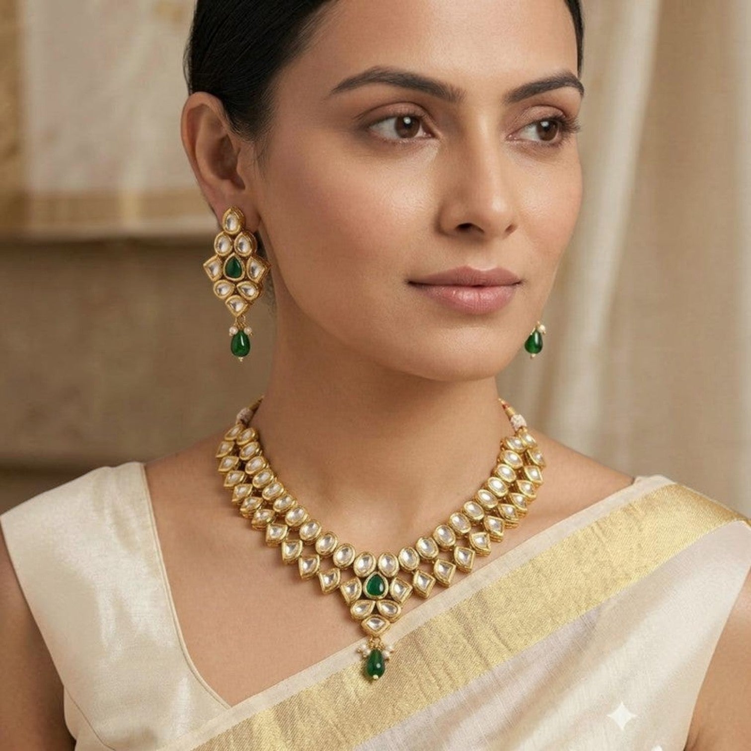 JewelOn Kundan choker necklace set with green stones and matching earrings. Gold-tone metal.