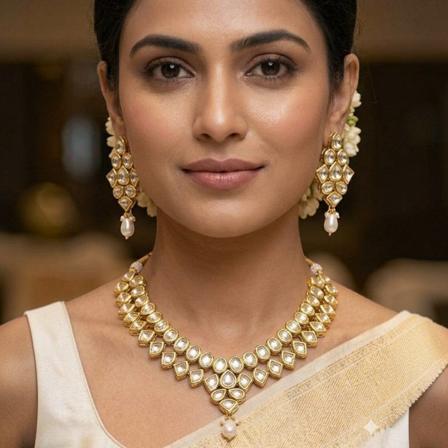 JewelOn Kundan choker necklace set with white stones and pearl drops, paired with matching earrings. Traditional Indian fusion jewellery.