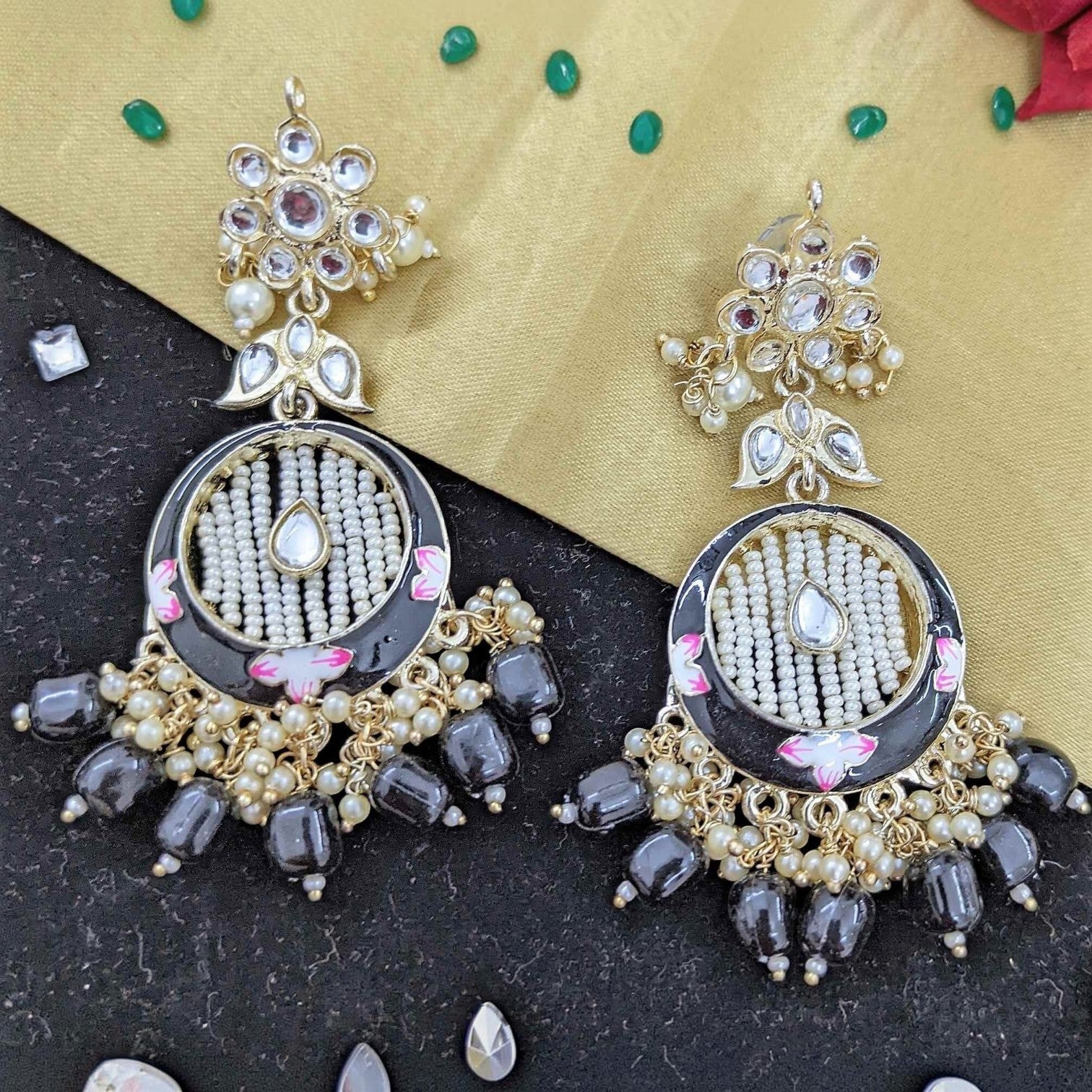 JewelOn Kundan Meenakari earrings with black enamel, pearls, and grey beads. Floral accents.