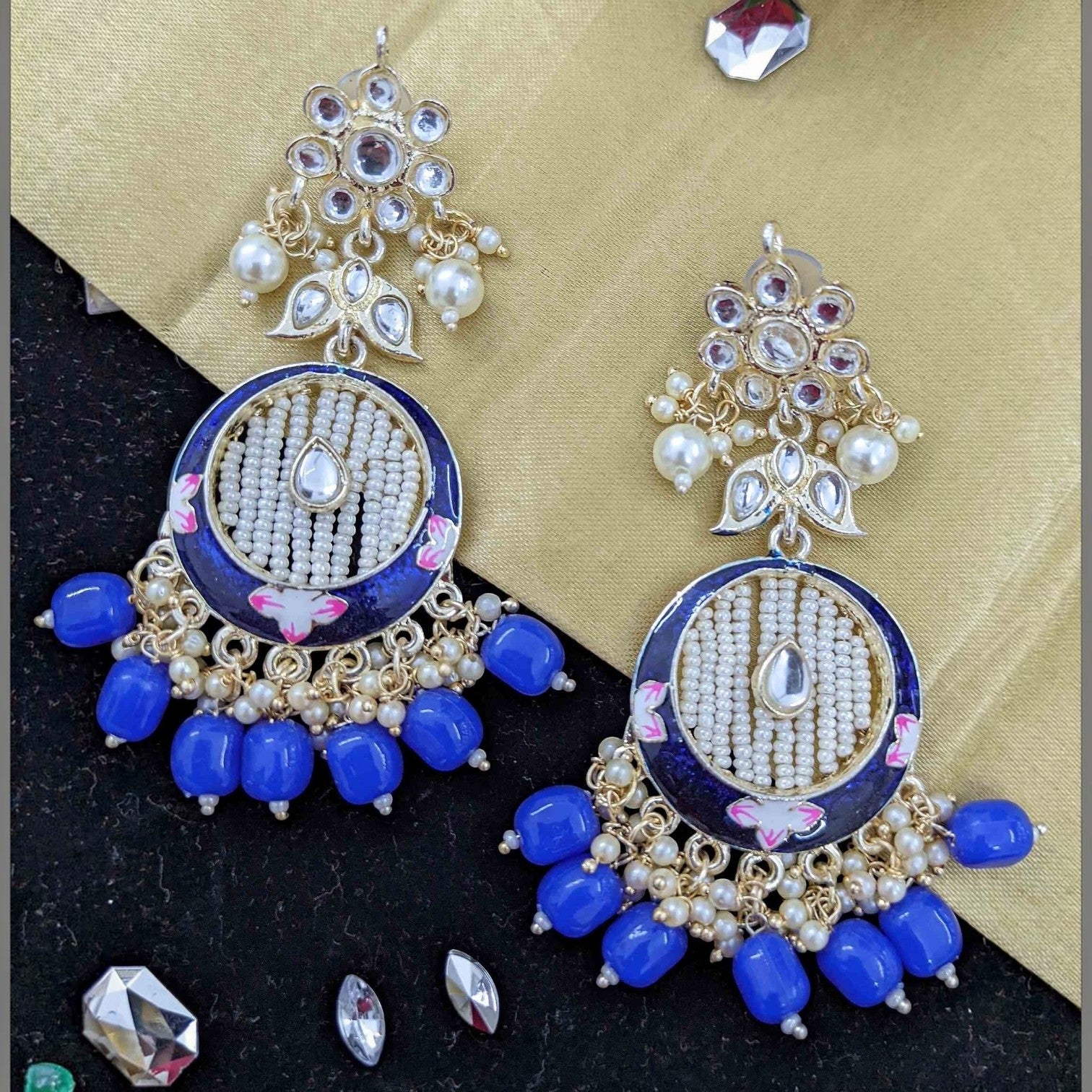 JewelOn Kundan Meenakari earrings with blue enamel, pearls, and blue beads. Traditional Indian design.