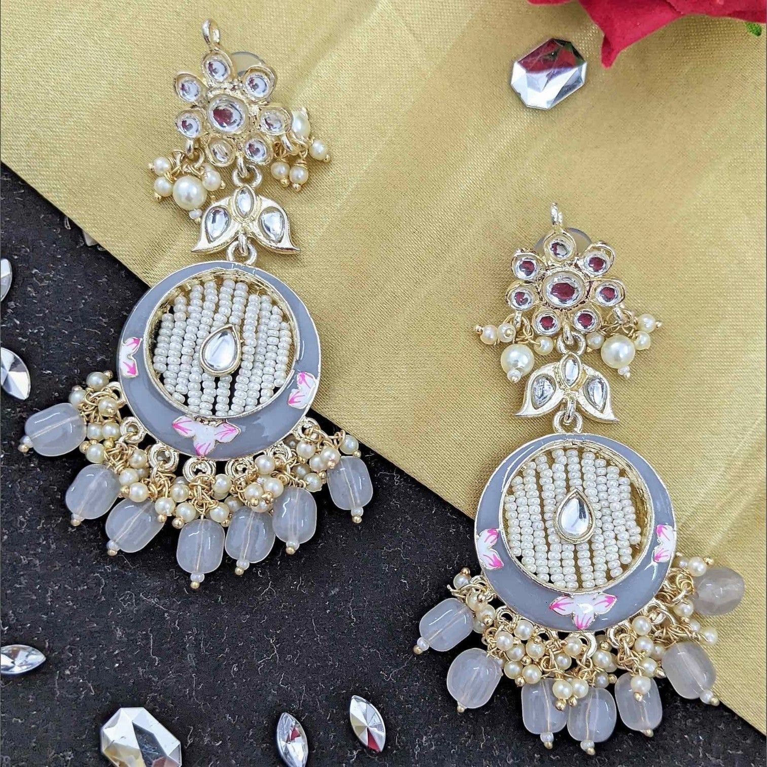 JewelOn Kundan Meenakari earrings with grey enamel, white pearls, and pink floral accents. Dangle style.