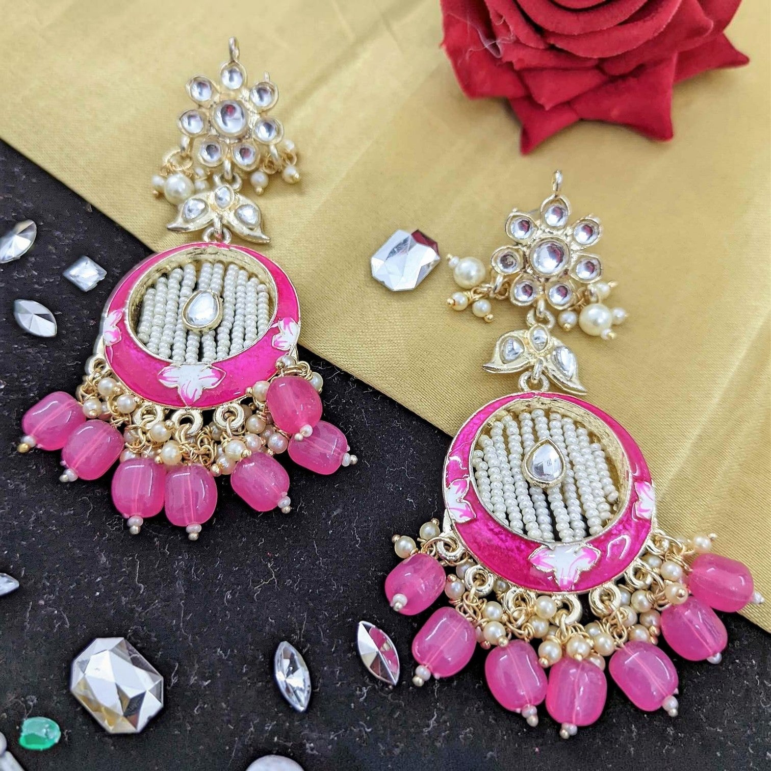 JewelOn Kundan Meenakari earrings with pink beads and white pearl accents, featuring a floral meenakari design.