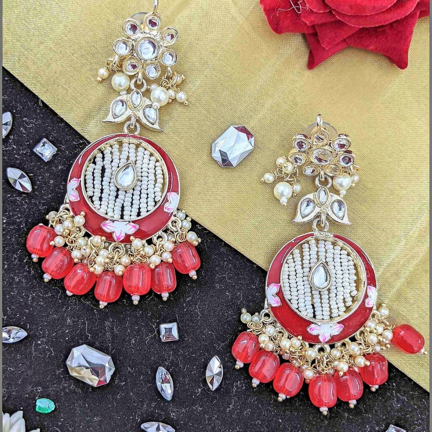 JewelOn Kundan Meenakari Amara Collection red earrings with pearl and bead embellishments, ideal for special occasions.