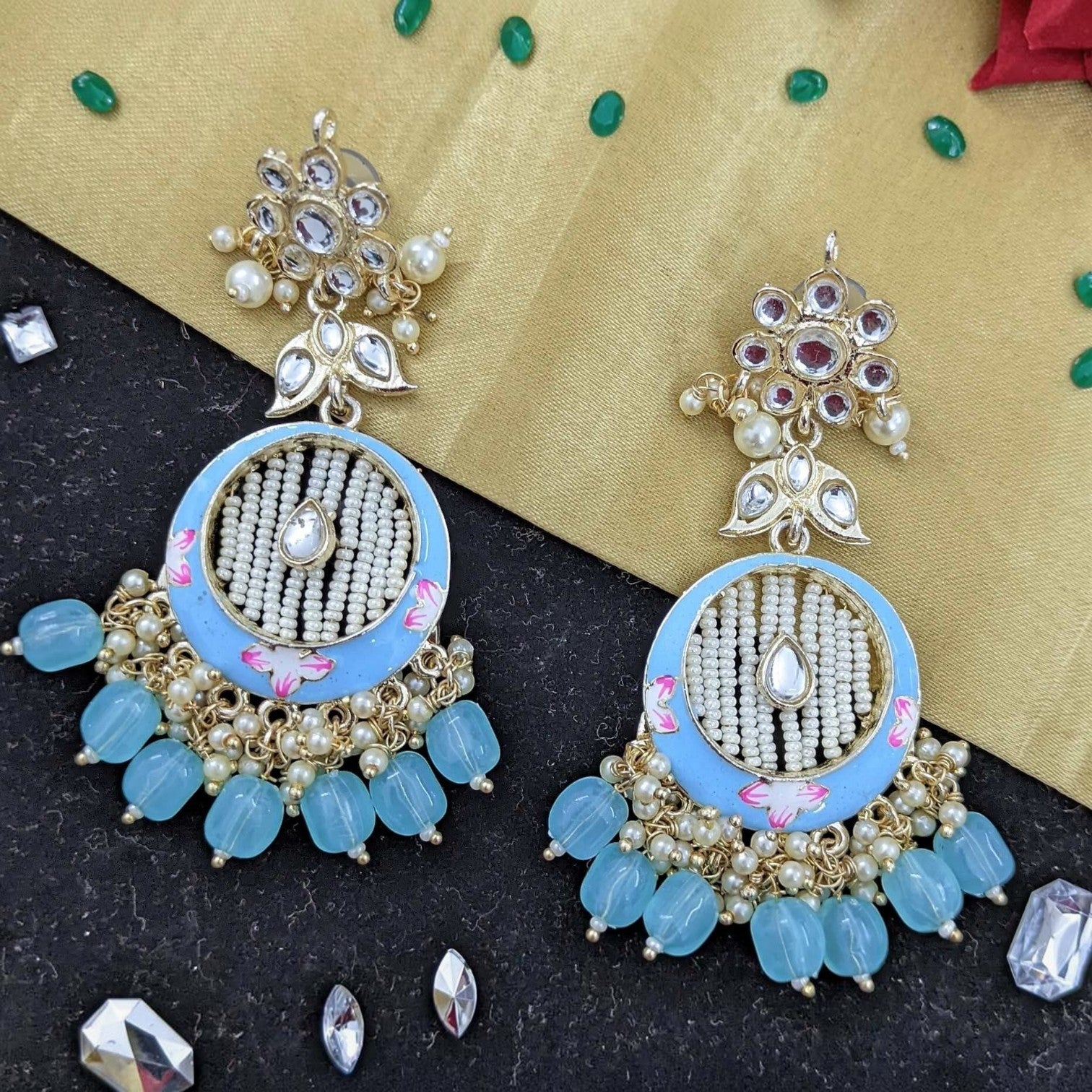 JewelOn Kundan Meenakari earrings with sky blue enamel, white beads, pearls, and blue beads. Floral motif.