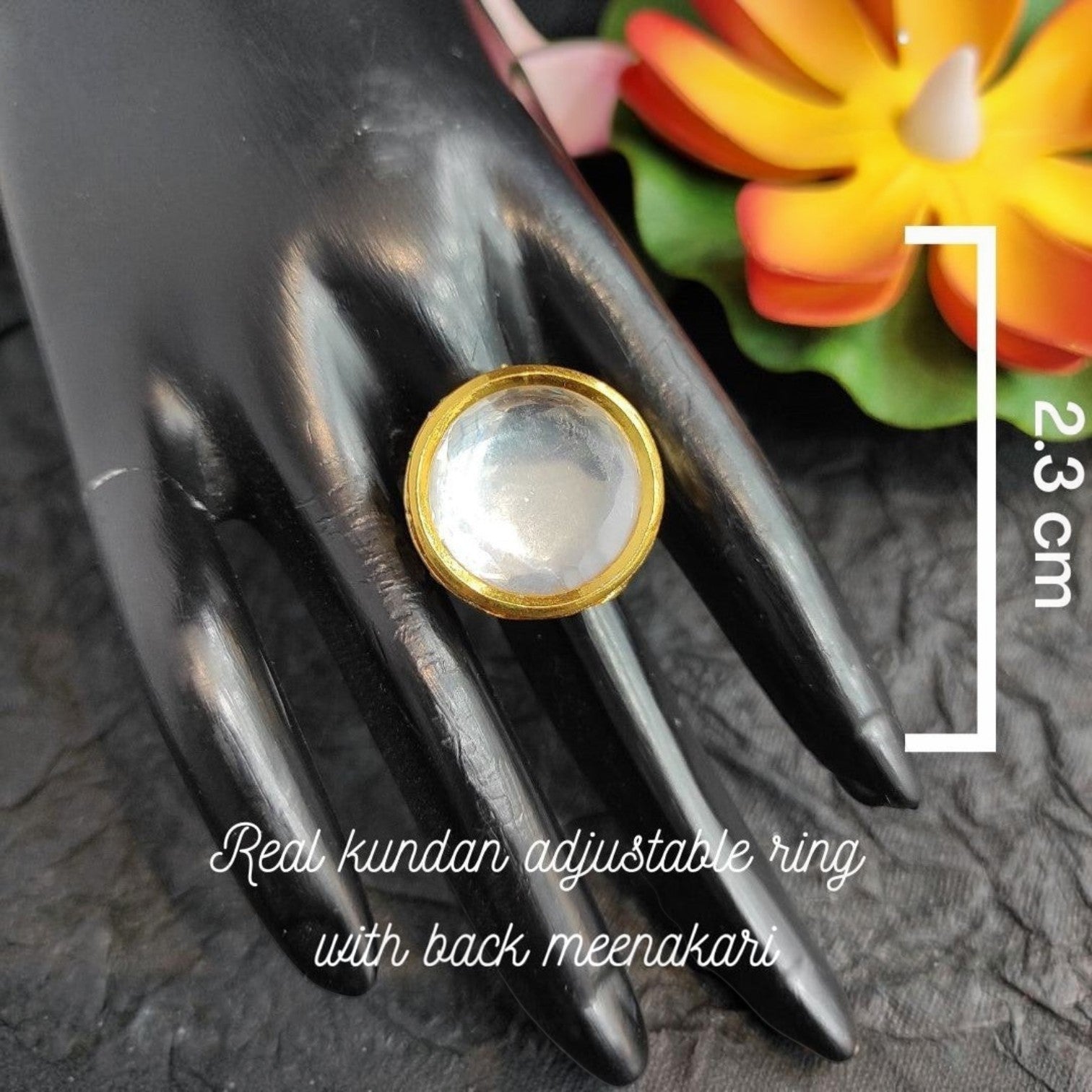 JewelOn Kundan adjustable ring with a clear stone and gold-tone setting, featuring back meenakari detail.