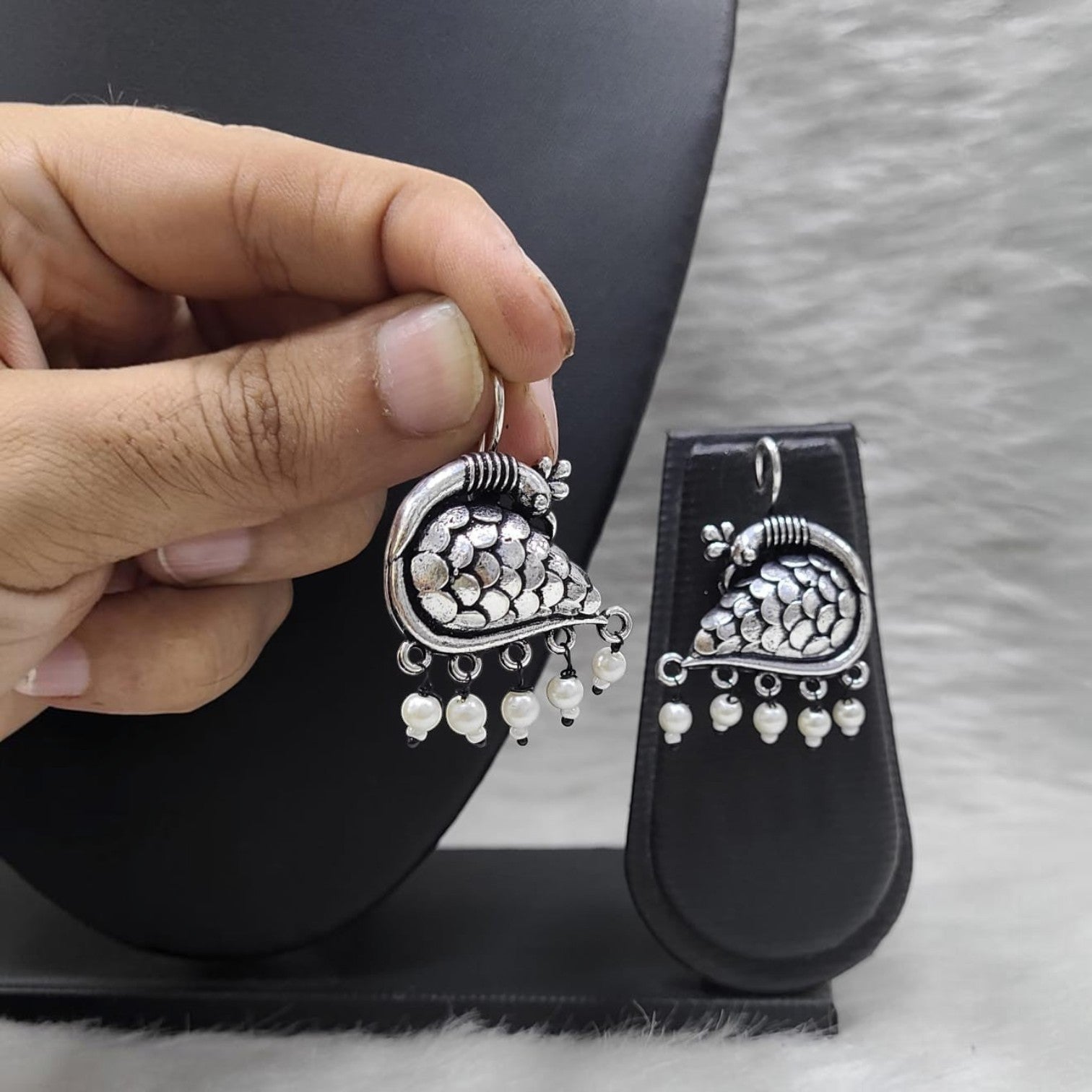 JewelOn Lavish German Silver Oxidised Peacock Earrings with pearl drops