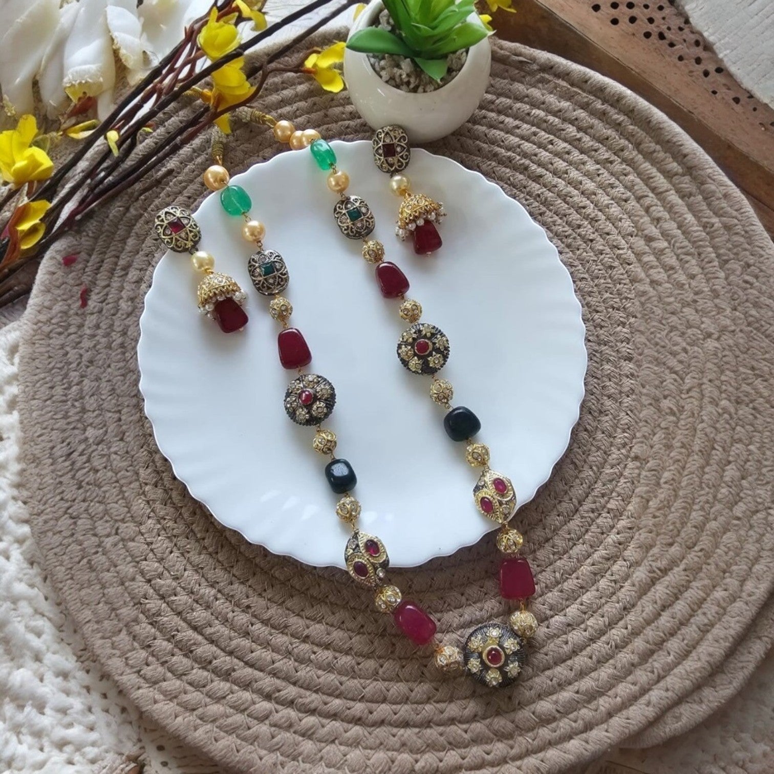 JewelOn Fine Elegance Semiprecious Stone Mala Necklace Jewellery Set with matching earrings. Oxidised gold with red, green, and black stones.